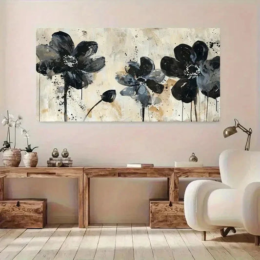 Black & White Flowers Beige Wall Art Canvas Office Home Room Framed 120x60cm