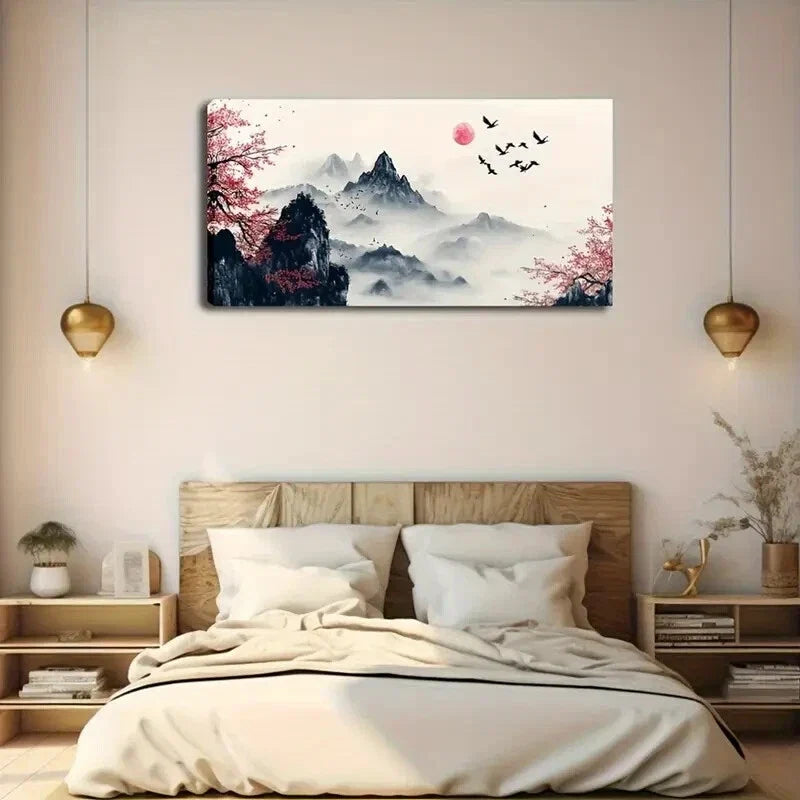 Mountain and Cherry Blossom Wall Art Canvas Office Home Room Framed 120x60cm