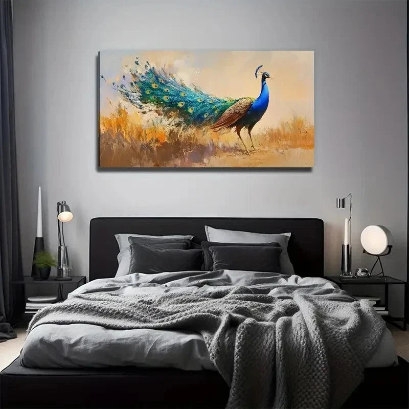 Peacock On The Prairie Wall Art Canvas Office Home Room Framed 120x60cm