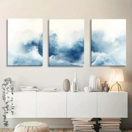 3pcs Abstract Watercolor Blue Waves Design Metal Print Ready to Hang Art