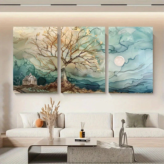 3pcs Riverside Tree Modern Artwork Metal Print Ready to Hang Art