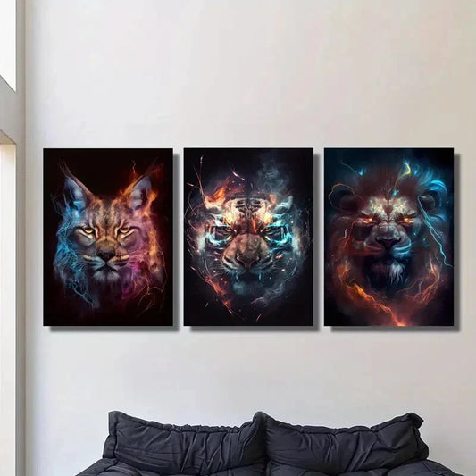 3pcs Fantasy Tiger, Lynx, Lion with Lightning, Metal Print Ready to Hang Art