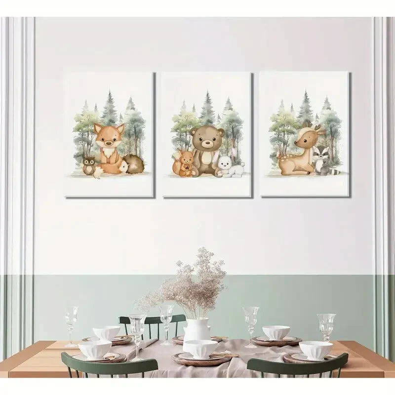 3pcs Rustic Cartoon Fox, Bear, Deer Oil Painting   Metal Print Ready to Hang Art