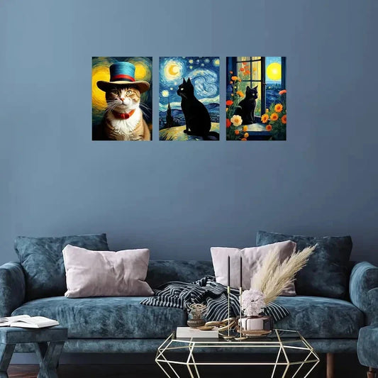 3pcs  Masterpieces Cat Mural  Metal Print Ready to Hang Art