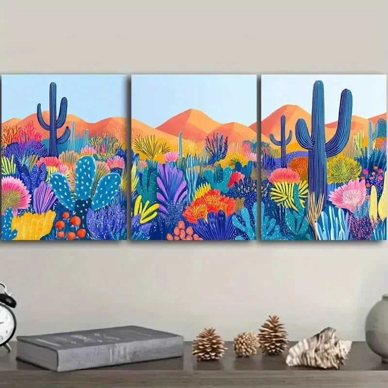 3pcs Colorful Cactus & Floral Garden Scene  Wall Art Set Canvas Framed 40x60cm - High Quality Print 100% Australian Made Wall Canvas Ready to Hang