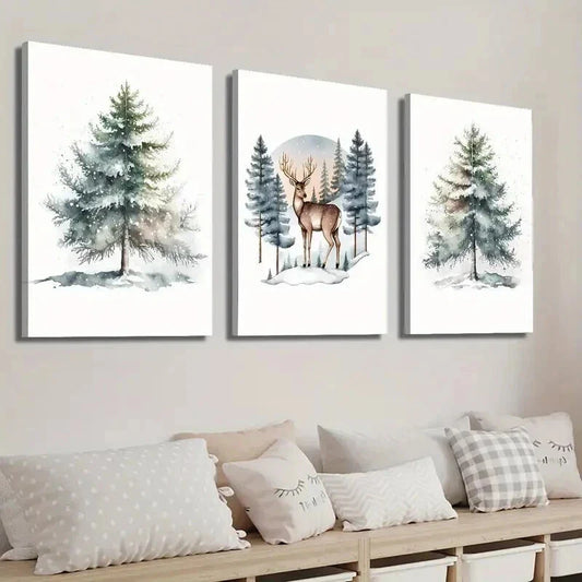 3pcs Reindeer in the Forest & Christmas Tree Wall Art Set Canvas Framed 40x60cm - High Quality Print 100% Australian Made Wall Canvas Ready to Hang