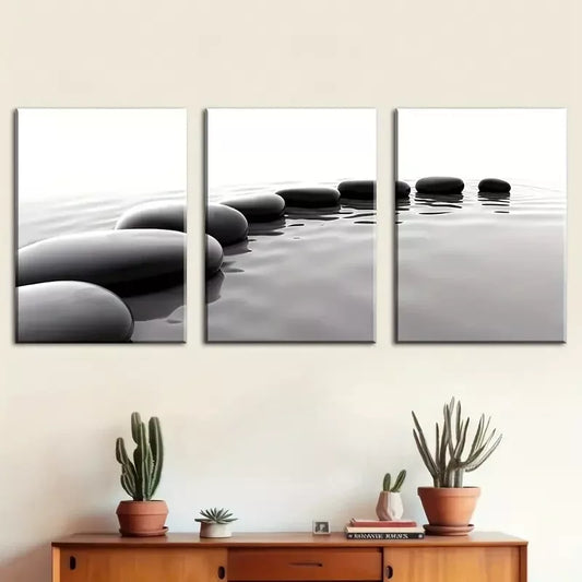 3pcs Simple Modern Black and White Stones Water  Wall Art Set Canvas Framed 40x60cm - High Quality Print 100% Australian Made Wall Canvas Ready to Hang