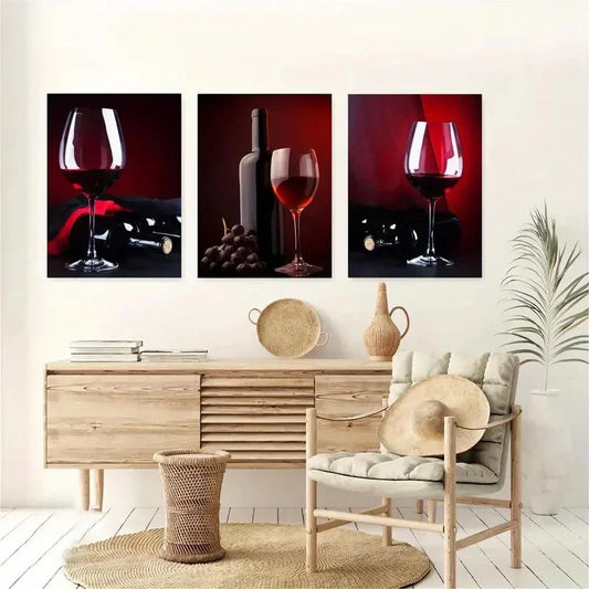 3pcs Grape Wine Bottle and Cup Metal Print Ready to Hang Art