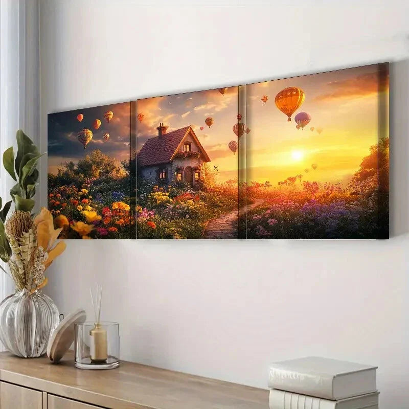 3pcs Floral Cottage & Hot Air Balloons Sun Shine Sky Perfect Wall Art Set Canvas Framed 40x60cm - High Quality Print 100% Australian Made Wall Canvas Ready to Hang