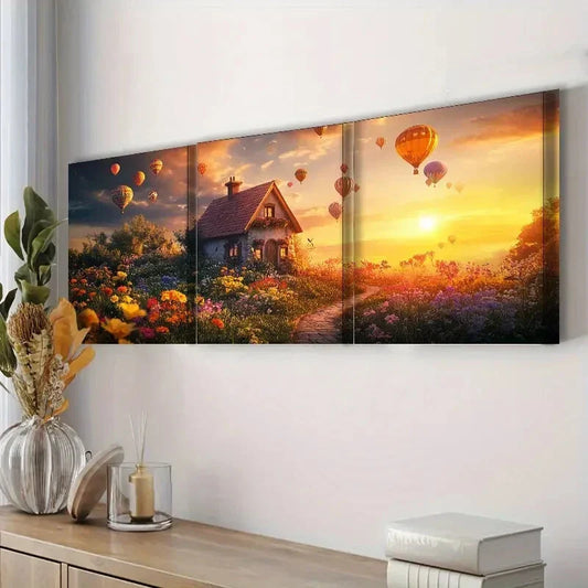 3pcs Floral Cottage & Hot Air Balloons Sun Shine Sky Perfect Wall Art Set Canvas Framed 40x60cm - High Quality Print 100% Australian Made Wall Canvas Ready to Hang