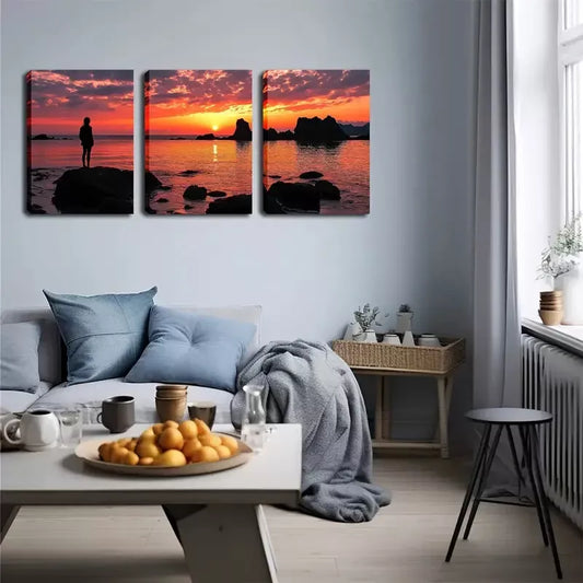 3pcs Person Standing by The Coast And Watching Wall Art Set Canvas Framed 40x60cm - High Quality Print 100% Australian Made Wall Canvas Ready to Hang