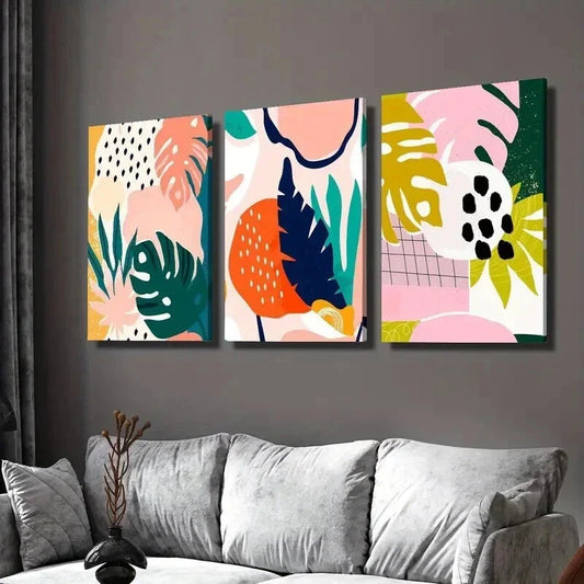3pcs Cartoon Tropical Plant Leaf Ink Painting Wall Art Set Canvas Framed 40x60cm - High Quality Print 100% Australian Made Wall Canvas Ready to Hang