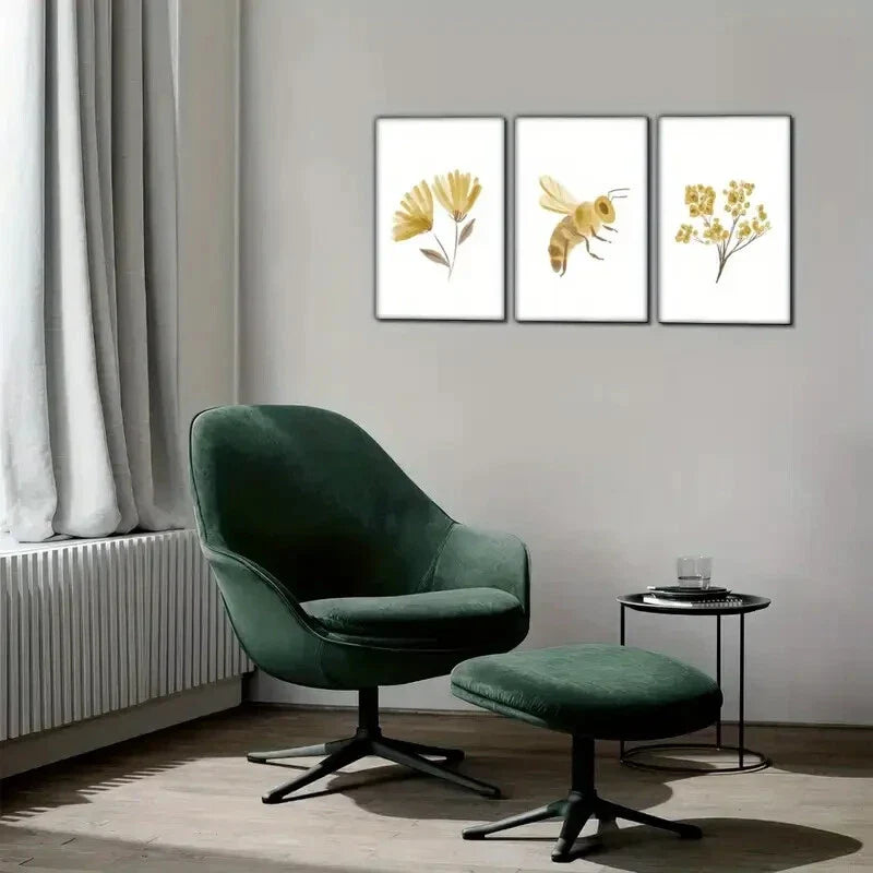 3pcs Accent Boho Style Floral Bee Wall Decor Metal Print Ready to Hang Art