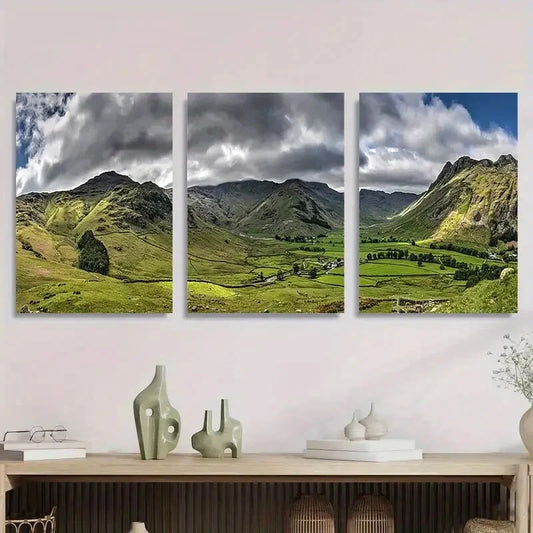3pcs Majestic Mountain Landscape Serene Green Metal Print Ready to Hang Art