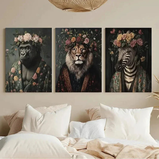 3pcs Floral Animal Portrait Majestic Animals Metal Print Ready to Hang Art