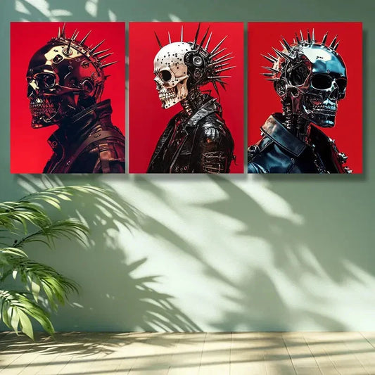 3pcs Skeleton punk In Red Background Wall Art Set Canvas Framed 40x60cm -High Quality Print 100% Australian Made Wall Canvas Ready to Hang