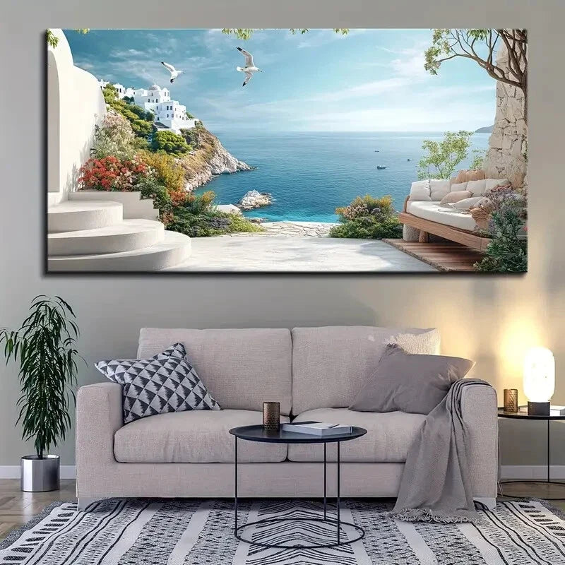 Vibrant Santorini Beach wall canvas office home room framed 120x60cm