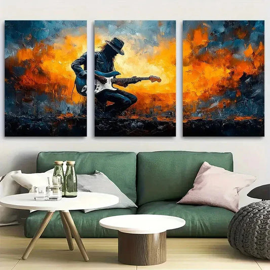 3pcs Vibrant Musician Design with Electric Guitar Metal Print Ready to Hang Art
