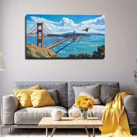 Golden Gate Bridge Blue Sky Wall Art Canvas Office Home Room Framed 120x60cm
