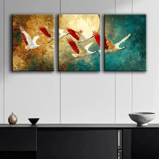 3pcs White Herons in Flight Colorful Perfect Wall Art Set Canvas Framed 40x60cm - High Quality Print 100% Australian Made Wall Canvas Ready to Hang