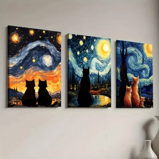 3pcs Modern Van Gogh Style Abstract Cat Wall Art Set Canvas Framed 40x60cm - High Quality Print 100% Australian Made Wall Canvas Ready to Hang
