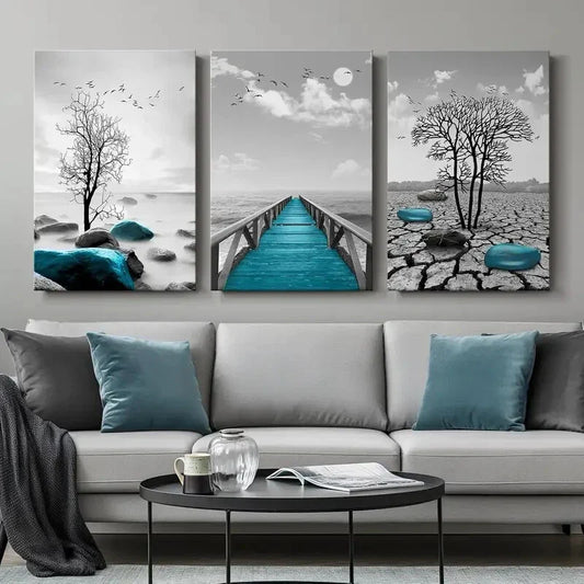 3pcs Black and White Turquoise Pictures Painting Metal Print Ready to Hang Art