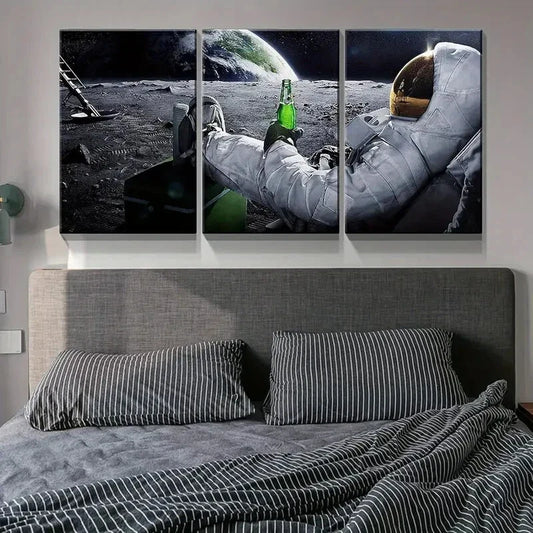 3pcs Astronaut Beer on Moon Metal Print Ready to Hang Art