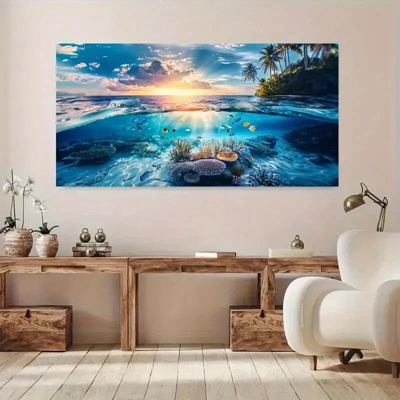 Coral Reef Sunset Sea Tree wall canvas office home room framed 120x60cm