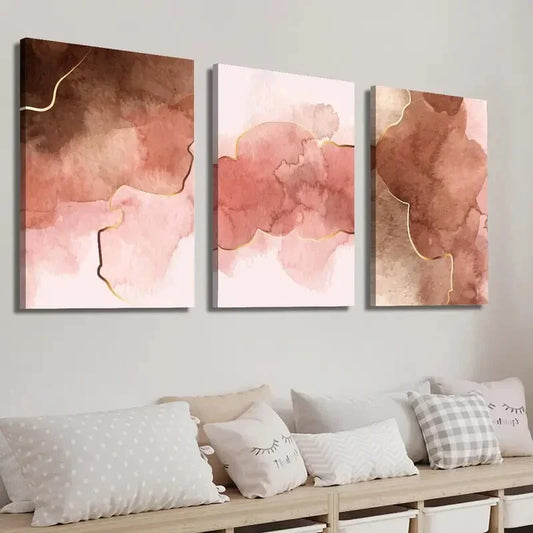 3pcs Abstract Pink Texture Golden Line Wall Art Set Canvas Framed 40x60cm - High Quality Print 100% Australian Made Wall Canvas Ready to Hang