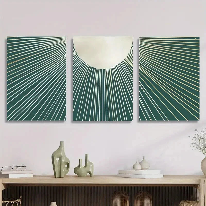 3pcs Abstract Teal Lines, Metal Print Ready to Hang Art