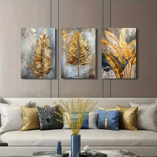 3pcs   Golden Leaves & Feather Metal Print Ready to Hang Art