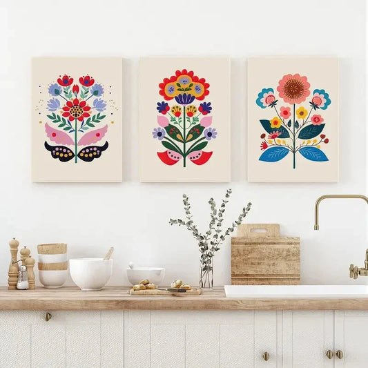 3pcs Vibrant Scandinavian Floral Metal Print Ready to Hang Art