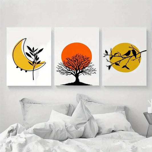 3pcs Nature-Inspired Sun and Tree Metal Print Ready to Hang Art