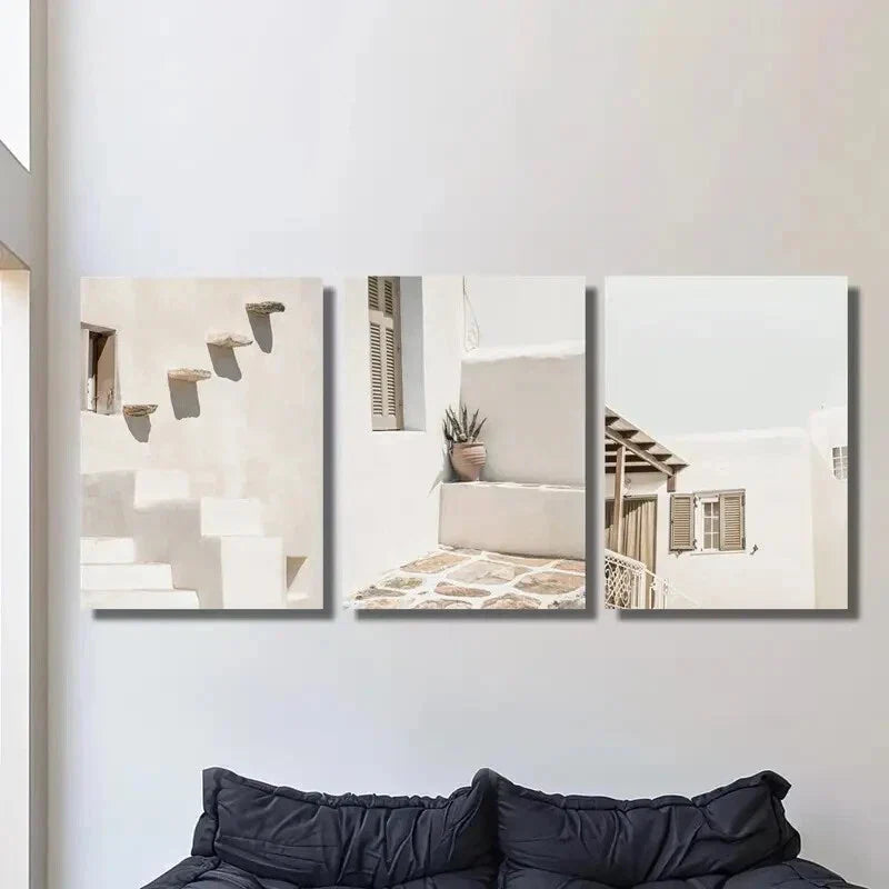 3pcs Greek Pastels, Santorini Mural, Metal Print Ready to Hang Art