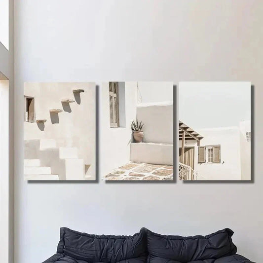 3pcs Greek Pastels, Santorini Mural, Metal Print Ready to Hang Art
