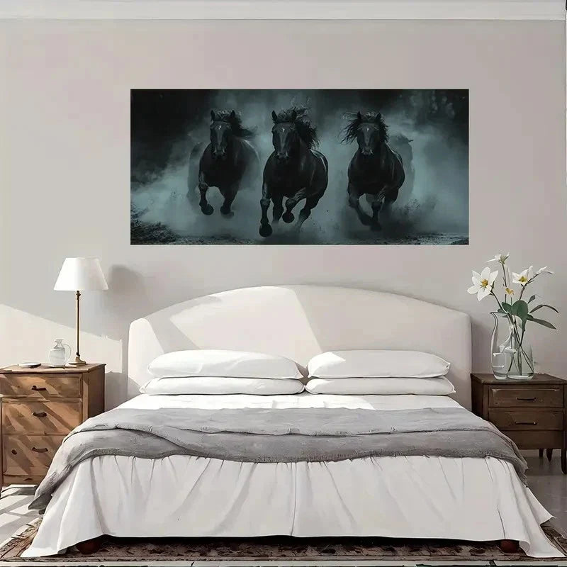 Black Stallions Galloping Wall Art Canvas Office Home Room Framed 120x60cm