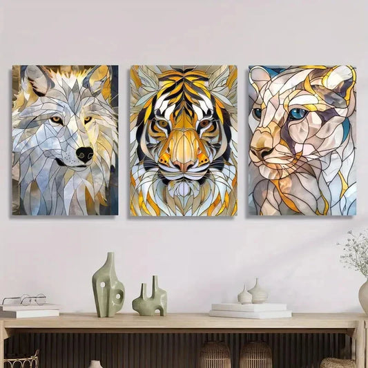 3pcs abstract tiger art, cheetah stained glass Metal Print Ready to Hang Art