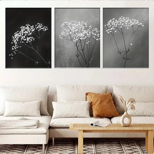 3pcs Monochrome Baby's Breath Floral Canvas Metal Print Ready to Hang Art
