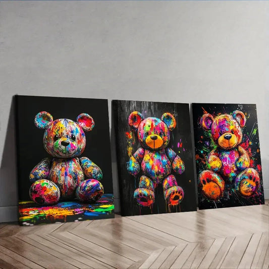 3pcs Colorful teddy bear graffiti Painting  Wall Art Set Canvas Framed 40x60cm - High Quality Print 100% Australian Made Wall Canvas Ready to Hang