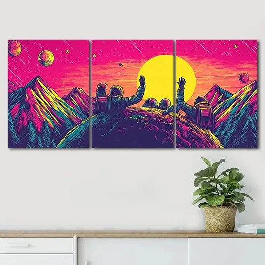 3pcs Yellow Moon Astronauts Galaxy Perfect Wall Art Set Canvas Framed 40x60cm - High Quality Print 100% Australian Made Wall Canvas Ready to Hang