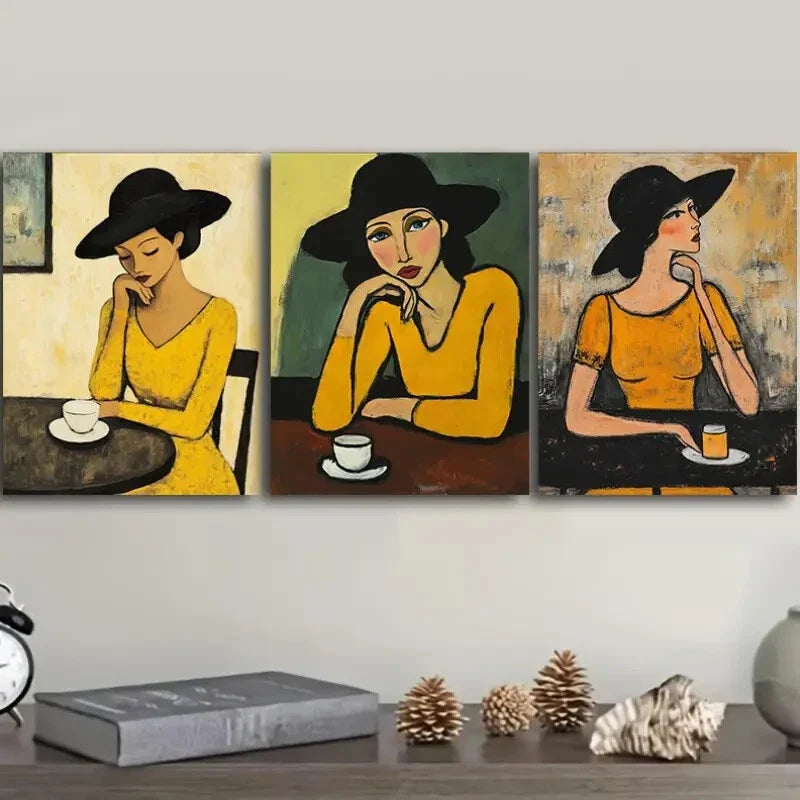 3pcs The woman in the cafe Metal Print Ready to Hang Art