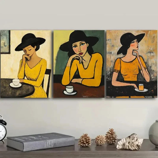 3pcs The woman in the cafe Metal Print Ready to Hang Art