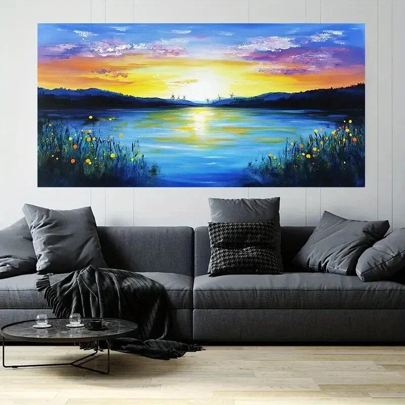 Mountain & Lake Sunset Nature Wall Art Canvas Office Home Room Framed 80x45cm