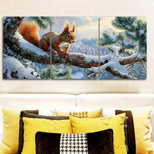 3pcs Snowy Squirrel On Branch Design Metal Print Ready to Hang Art