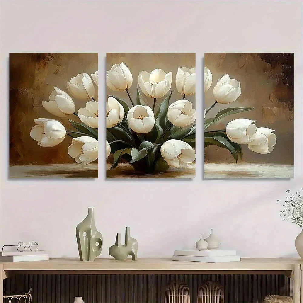 3pcs Elegant White Tulips Oil Painting Style Metal Print Ready to Hang Art