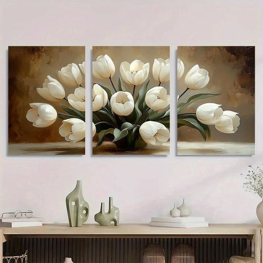 3pcs Elegant White Tulips Oil Painting Style Metal Print Ready to Hang Art
