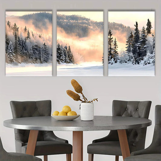 3pcs Snow-Covered Trees and Foggy Lake Scene Metal Print Ready to Hang Art