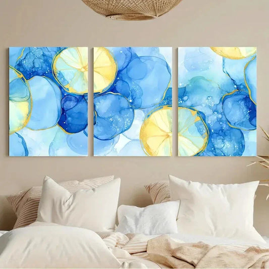 3pcs Light Blue Liquid Ink Modern Abstract Metal Print Ready to Hang Art