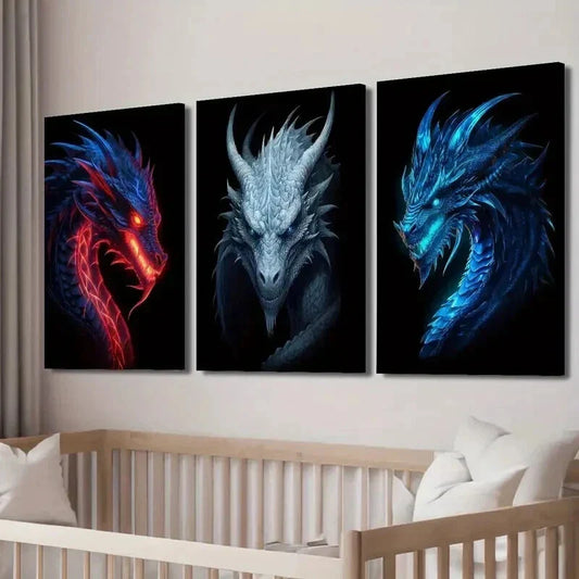 3pcs Ancient Flame Dragon with Shining Teeth Wall Art Set Canvas Framed 40x60cm - High Quality Print 100% Australian Made Wall Canvas Ready to Hang