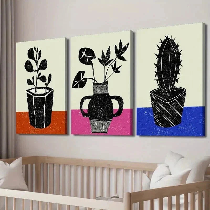 3pcs Botanical Leaf Cactus Silhouette Wall Art Set Canvas Framed 40x60cm - High Quality Print 100% Australian Made Wall Canvas Ready to Hang